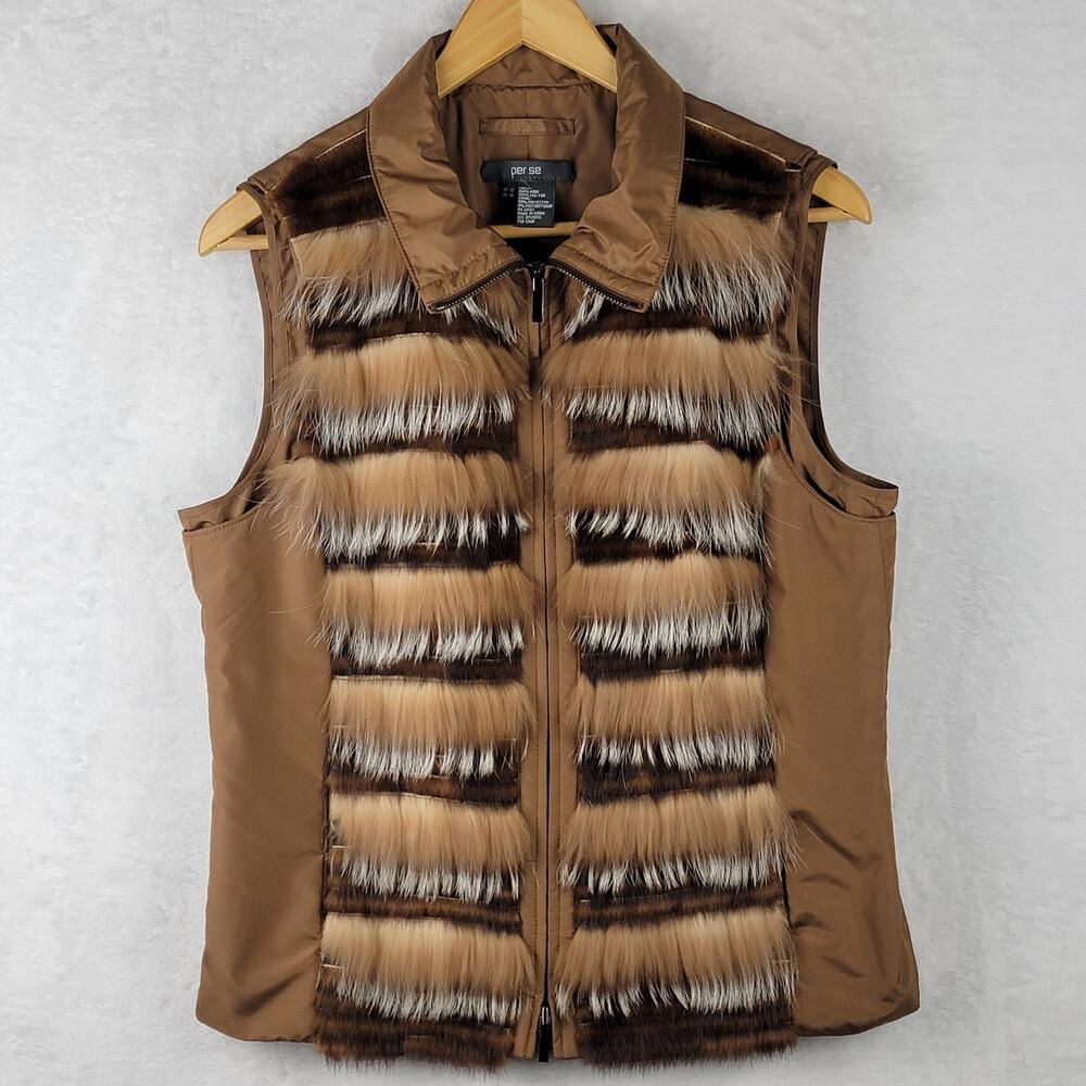 Women 100% Fox Mink Fur Sz 12 Vest Jacket Pockets Brown Tan Elegant Quite Money